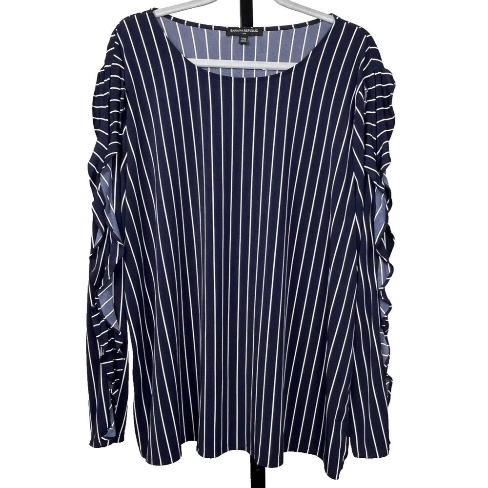 Banana Republic XXL Ruffle Split Sleeve Blouse Navy Pinstripe Stretch Top Career